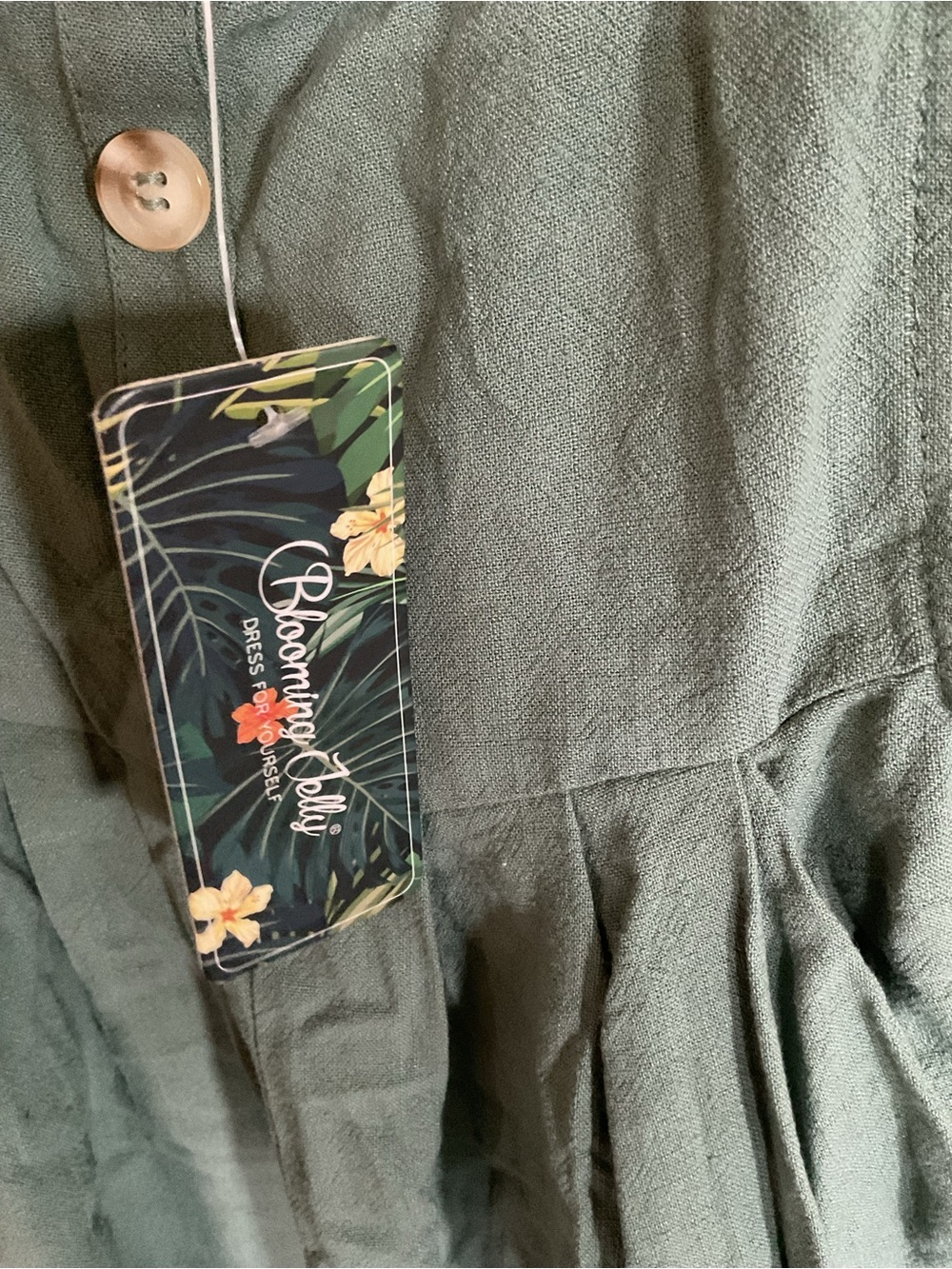Green Button-Front Linen Blend Jumpsuit - Picture 3 of 4
